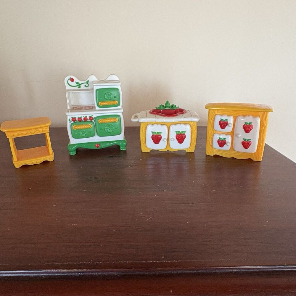 1980’s Strawberry Shortcake Kitchen Set Stove Sink Cabinet Butcher Block Table